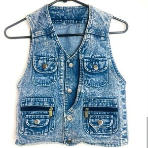 Vintage 90s Acid Wash Denim Panda Button Vest​​ XXS